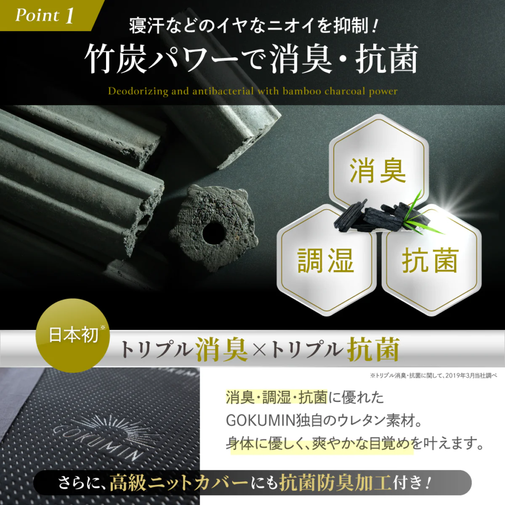 GOKUMINマットレスの竹炭パワーによるトリプル消臭・トリプル抗菌の説明図