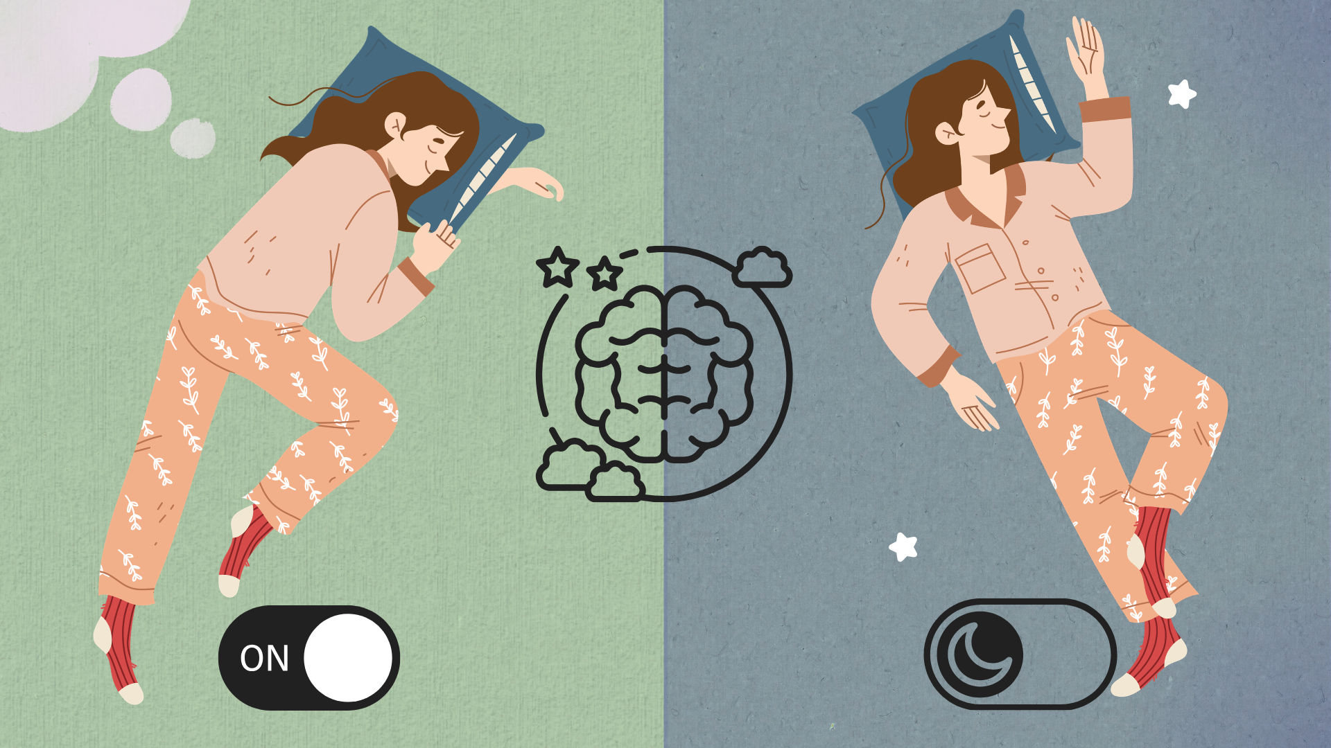 寝相のON/OFFで睡眠中の脳の状態を比較したイラスト
