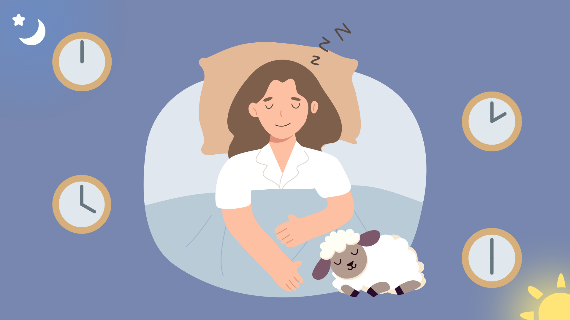 時計に囲まれ羊と一緒に眠る女性のイラスト