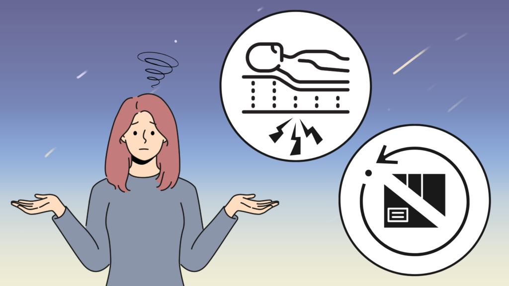 体に合わないマットレスで不快感を覚え、返品もできず困る女性のイラスト