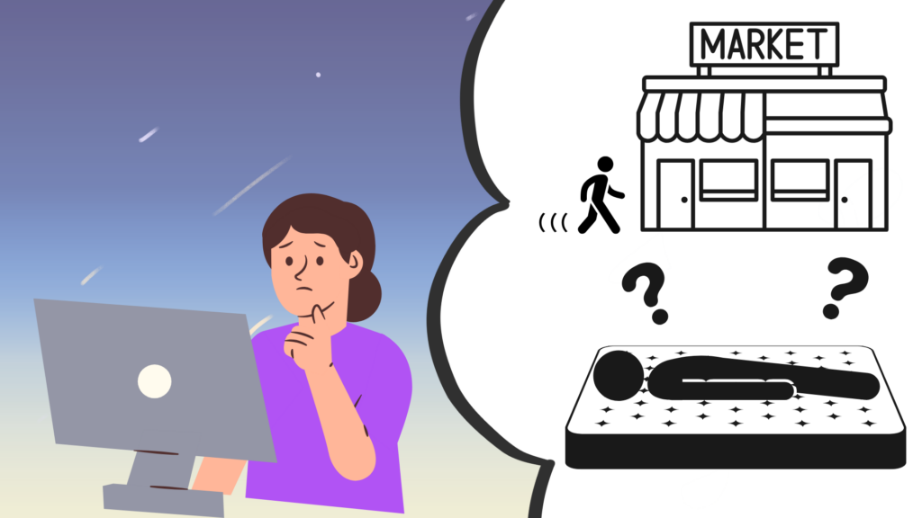 店舗で購入したマットレスが自分に合うか不安に感じる女性のイラスト