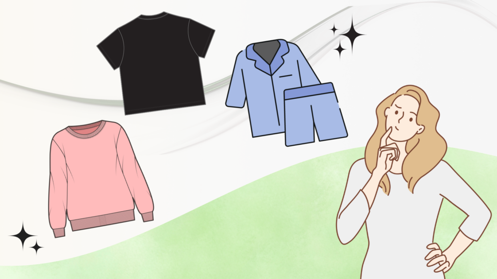 Tシャツ、パジャマ、スウェットなど普段着の中からパジャマを選ぶか悩む女性のイラスト